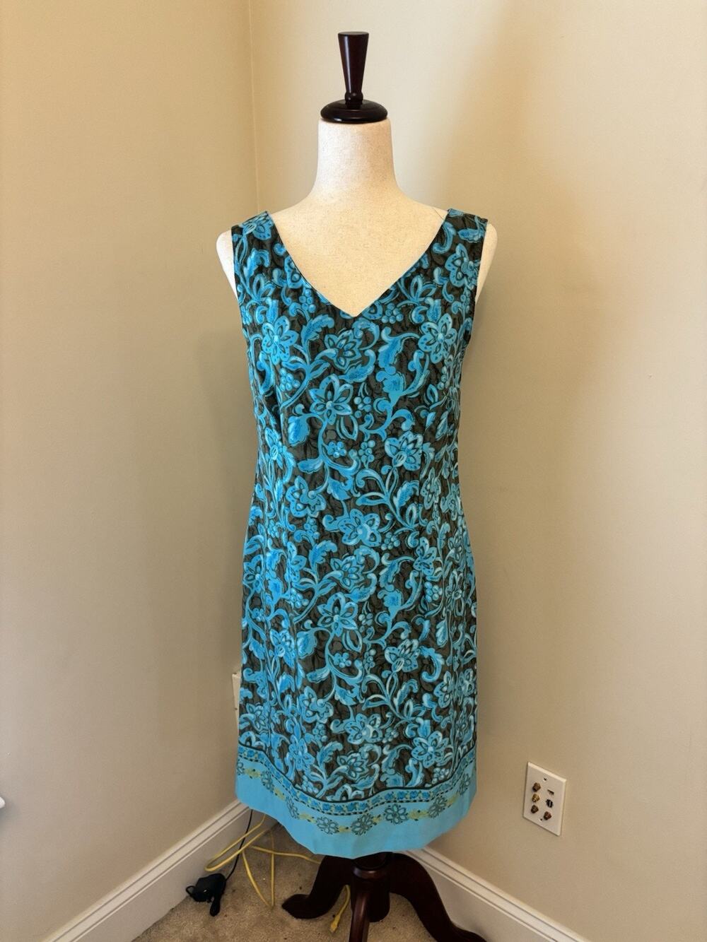 Kathie Lee Vintage Dress Tropical Floral Blue & Green Knee Length Size 10